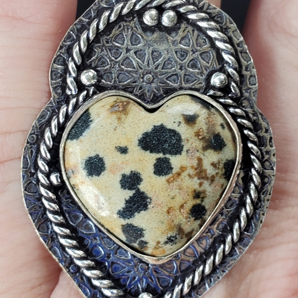 New Heart Shaped Dalmatian Jasper 925 Silver Statement Ring. - Picture 2 of 14